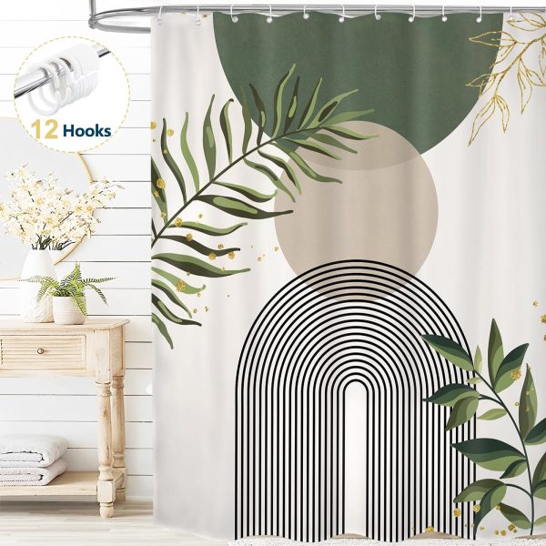 Dznils Boho Shower Curtain with Hooks, Modern Abstract Fabric Bathroom Curtain, 72" x 72", Green