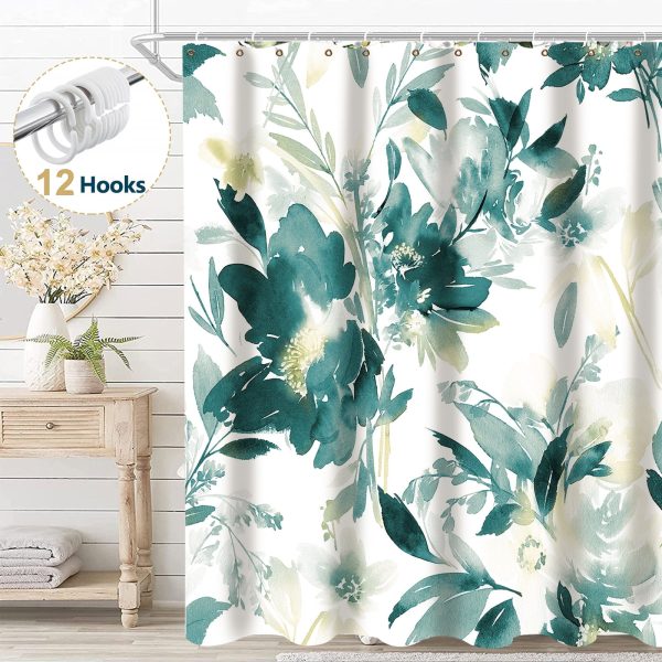 Dznils Green Floral Fabric Shower Curtain, Modern Watercolor Bathroom Curtain with Hooks, 72" x 72"