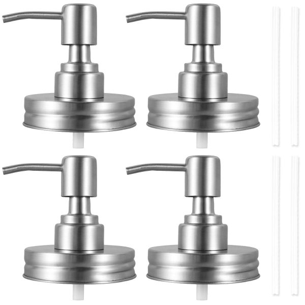 Dznils 4Pcs Mason Jar Soap Dispenser Lids with Pumps Lotion Dispenser Lids Leakproof Rustproof Hand Soap Pump Lids