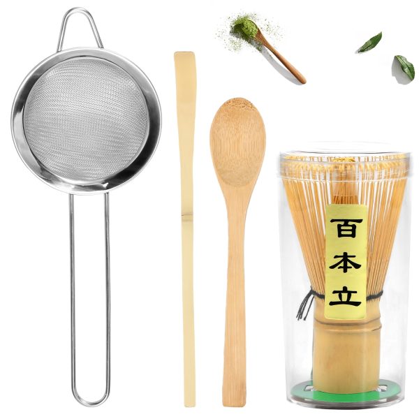 5pcs Matcha Whisk Set Reusable Matcha Tea Set Japanese Whisk Set Handmade Bamboo Matcha Whisk Traditional Tea Scoop Deep Scoop Stainless Steel Tea Strainer Clear Whisk Storage Holder