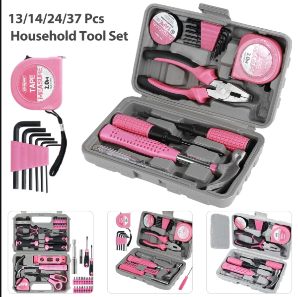 Lzvxtym Household Hand Tool Set,Home Repair Tool Kit,Pink Tool Set for Women,with Case,Steel,Pink,1.58 lbs