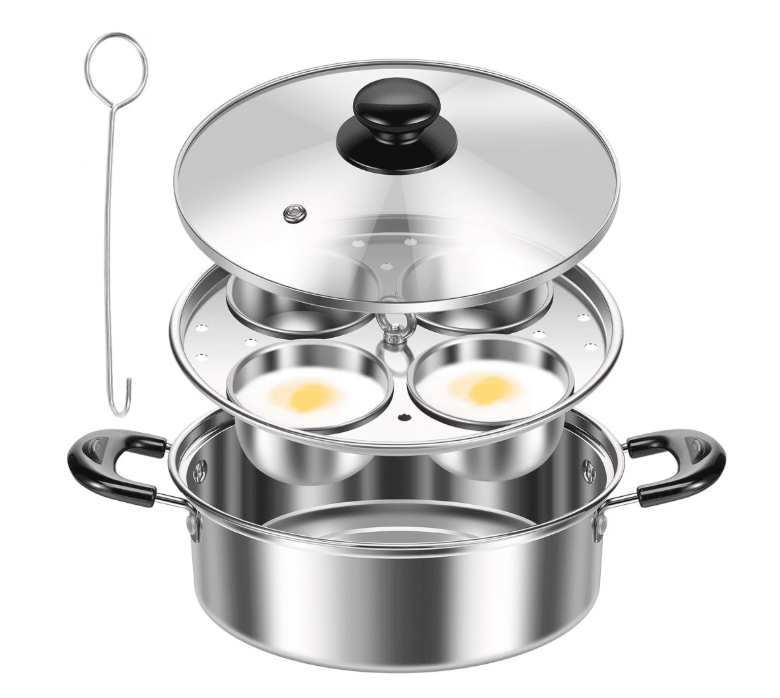Ihvewuo Egg Poacher Cookware, Stainless Steel Poached Egg Maker Pot, Egg Poaching Pan with 4 Cups, Poached Egg Cooker Pot for Induction Cooktop Gas Cooktop 8.66x7.87x2.68in