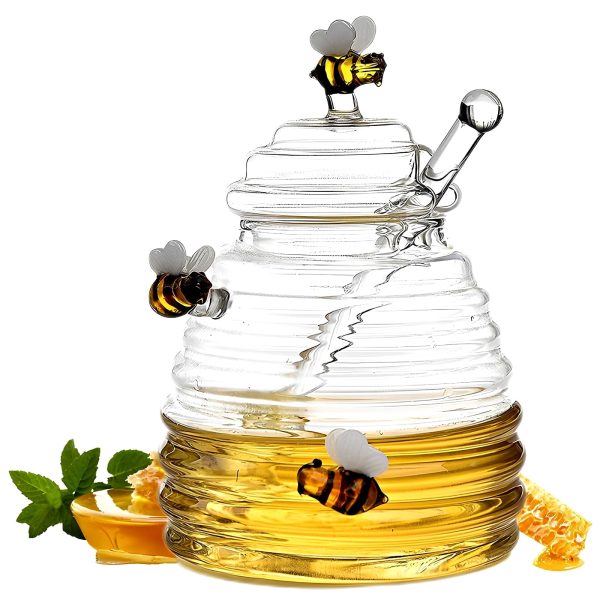 NUAHRHY Honey Jar Clear Glass Honey Disser with Dipper Stick and Lid Large Capacity Honey Bottle