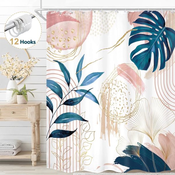 Dznils Boho Shower Curtain with Hooks, Modern Abstract Fabric Bathroom Curtain, 72" x 72", Pink