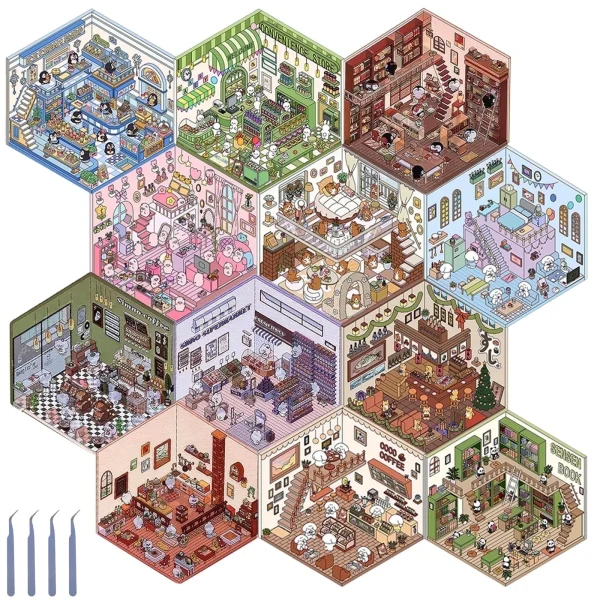 Keyohome 3D House Stickers,12 Pcs Kawaii Stickers,Sticker Therapy for Relief Stress,DIY Miniature Scene Stickers,Brain Games Sticker by Number