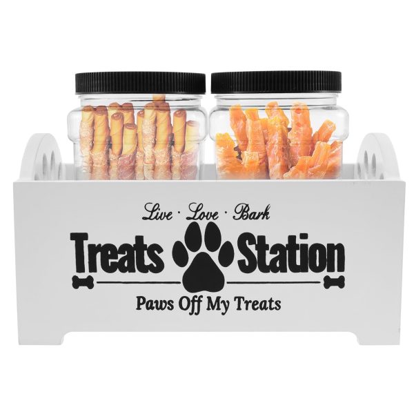 NUAHRHY Dog Treat Container Wood Dog Food Storage Container with 2 Plastic Jars Rustic Cat Treat Container Practical Pet Treat Storage Organizer for Pet Owners and Lovers