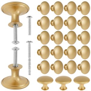 Gold Cabinet Knobs 25 Pack, 1.18" Solid Zinc Alloy Drawer Knobs, Rustproof Round Hardware for Dressers with 2-Size Screws, Wekvgz