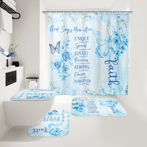 Dznils Blue Floral Shower Curtain Sets with Rugs, 16pc Butterfly Bathroom Curtain Set, 72" x 72" - Image 2