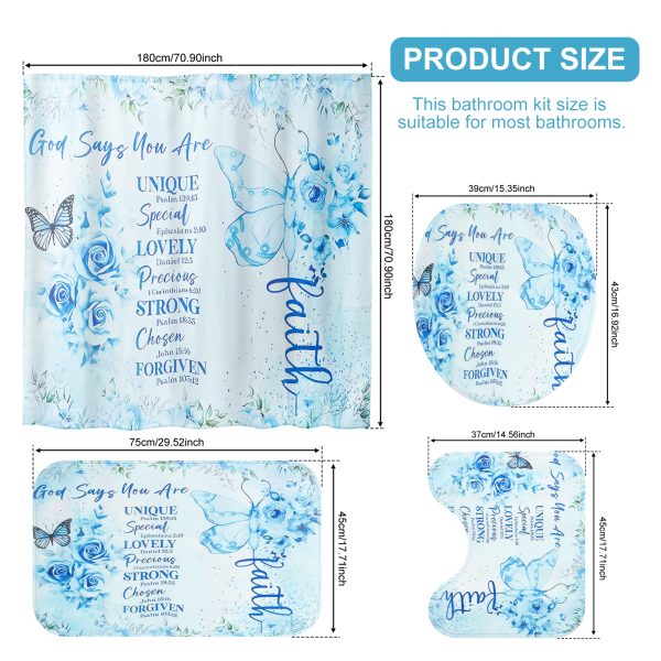 Dznils Blue Floral Shower Curtain Sets with Rugs, 16pc Butterfly Bathroom Curtain Set, 72" x 72" - Image 8