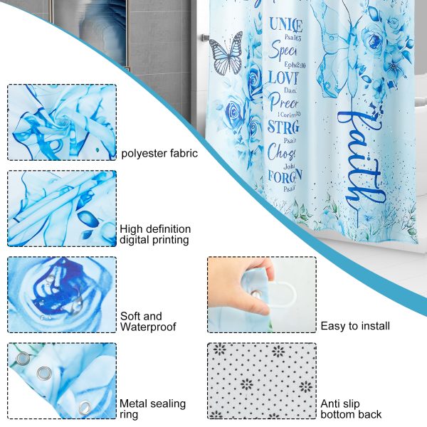 Dznils Blue Floral Shower Curtain Sets with Rugs, 16pc Butterfly Bathroom Curtain Set, 72" x 72" - Image 7
