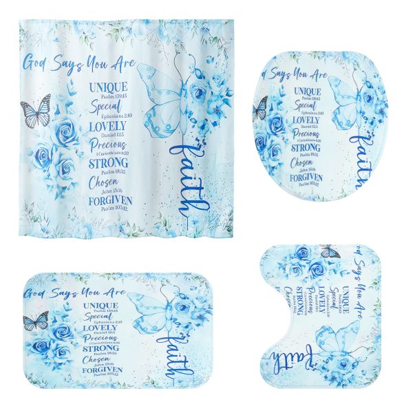 Dznils Blue Floral Shower Curtain Sets with Rugs, 16pc Butterfly Bathroom Curtain Set, 72" x 72" - Image 5
