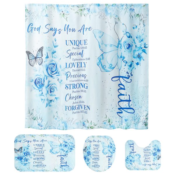 Dznils Blue Floral Shower Curtain Sets with Rugs, 16pc Butterfly Bathroom Curtain Set, 72" x 72" - Image 4