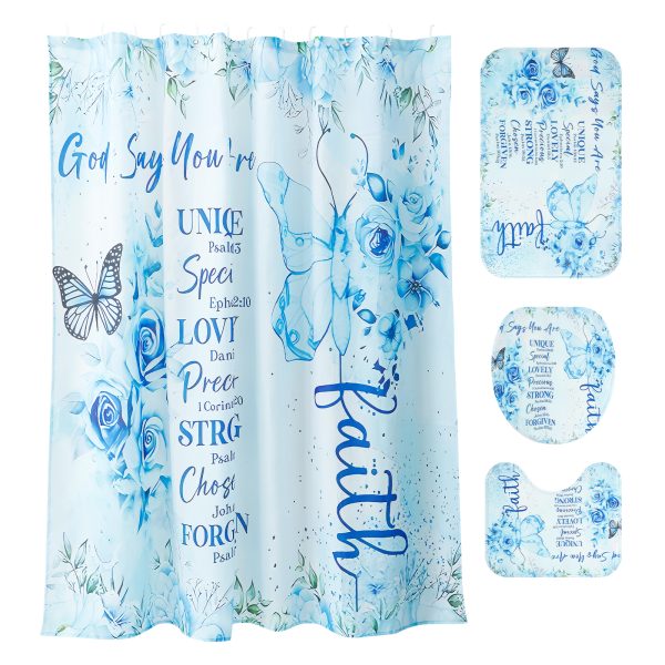 Dznils Blue Floral Shower Curtain Sets with Rugs, 16pc Butterfly Bathroom Curtain Set, 72" x 72" - Image 3