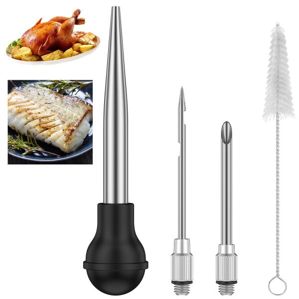 Turkey Baster Set of 4 Stainless Steel Turkey Baster Syringe Meat Marinade Injector Needle with 2 Needles Silicone Bulb and