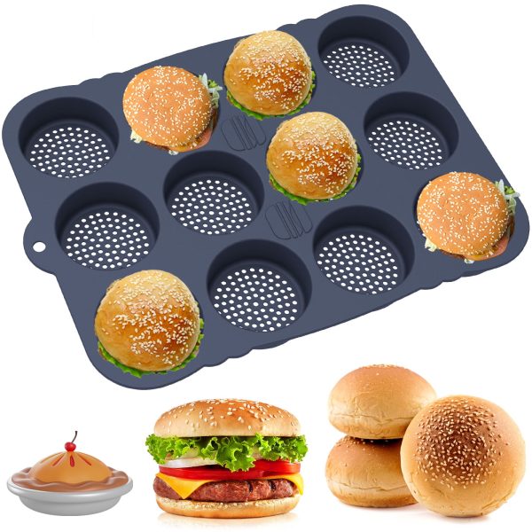 NUAHRHY Hamburger Bun Pan 8/12 Cavity Reusable Non Stick Hamburger Bun Molds Silicone Hamburger Bread Pan Easy to Release Baking Pan Dishwasher Safe for Homemade Hamburger Buns