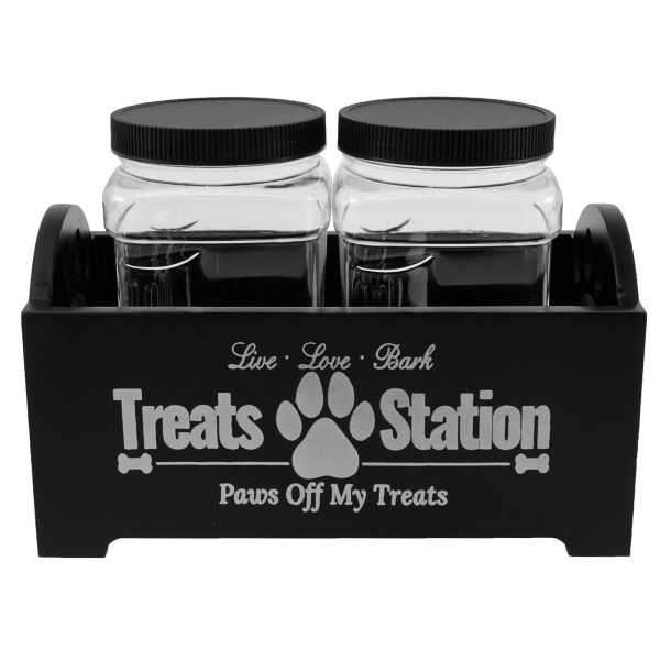 NUAHRHY Dog Treat Container Wood Dog Food Storage Container with 2 Plastic Jars Rustic Cat Treat Container Practical Pet Treat Storage Organizer for Pet Owners and Lovers