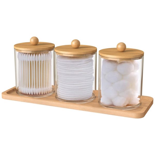 Dznils 3 Pack Acrylic Qtip Holder for Bathroom, 10 oz Clear Apothecary Jars with Bamboo Lid & Tray
