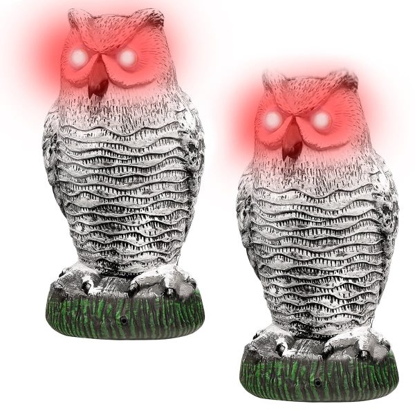 NUAHRHY 2pcs Plastic Fake Owl Decoy with Flashing Eyes Fake Bird Deterent Frightening Sound Motion Detector Owl Decoy Scarecrow to Scare Birds Away Control Devices for Garden Yard Outdoor Decor