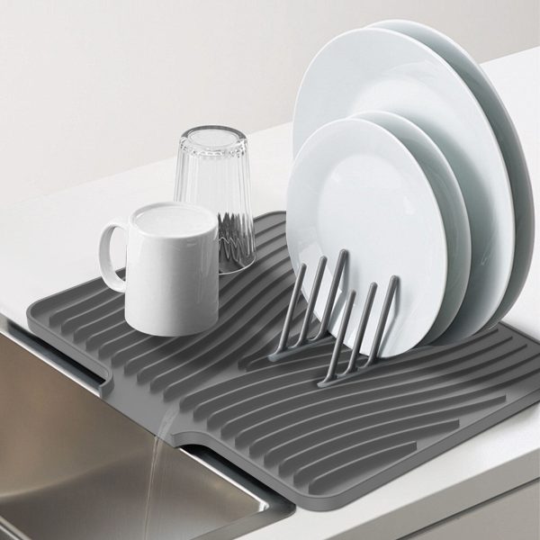 Wekvgz Silicone Dish Drying Mat with Raised Drain 16x12 inche Lip Nonslip Dish Draining Mat Heat Resistant Reusable Dish Drain Board Silicone Drying Pad for Kitchen Counter Home (Grey)