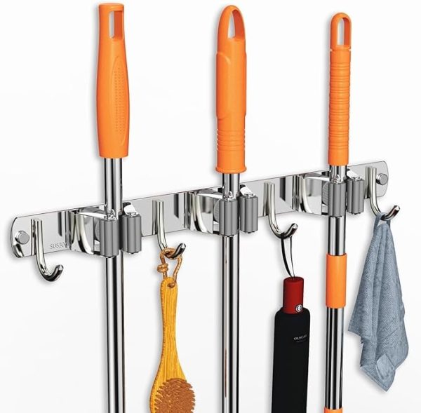 NUAHRHY Stainless Steel Broom Mop Holder Anti Slip Wall Mount Broom Storage Rack Strong Load Bearing Waterproof Mop Broom Organizer for Bathroom Kitchen Garage 15.1*1.57*1.96in