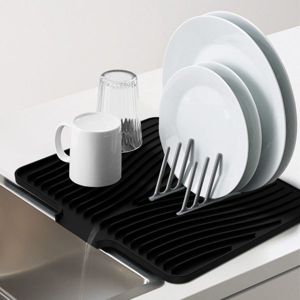 Wekvgz Silicone Dish Drying Mat with Raised Drain 16x12 inche Lip Nonslip Dish Drain Mat Heat Resistant Reusable Dish Draining Board Silicone Drying Pad for Kitchen Counter Home (Black)