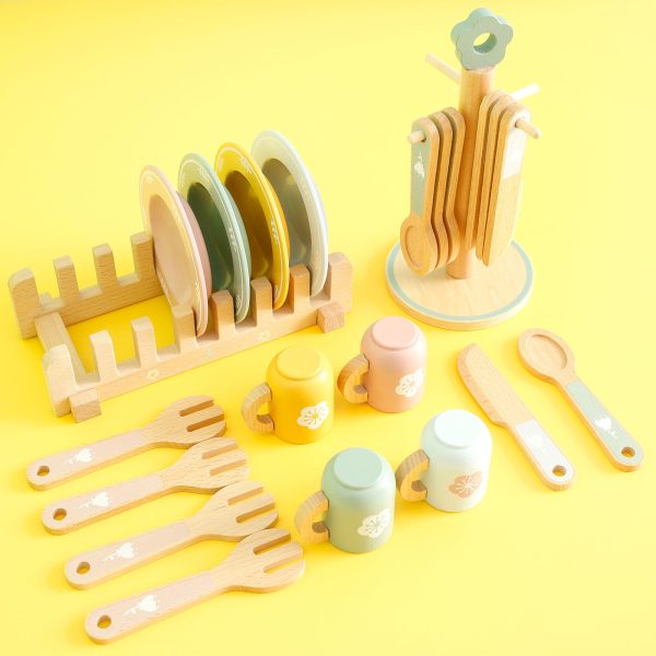 NUAHRHY 33PCS Kid Wooden Dinnerware Toy Set Safe Wood Kids Kitchen Playset Funny Toddler Kitchen Toy Children Kitchen Cutlery and Plate Toy Set Wood Plate and Dish Playset for 3-5 Years Old