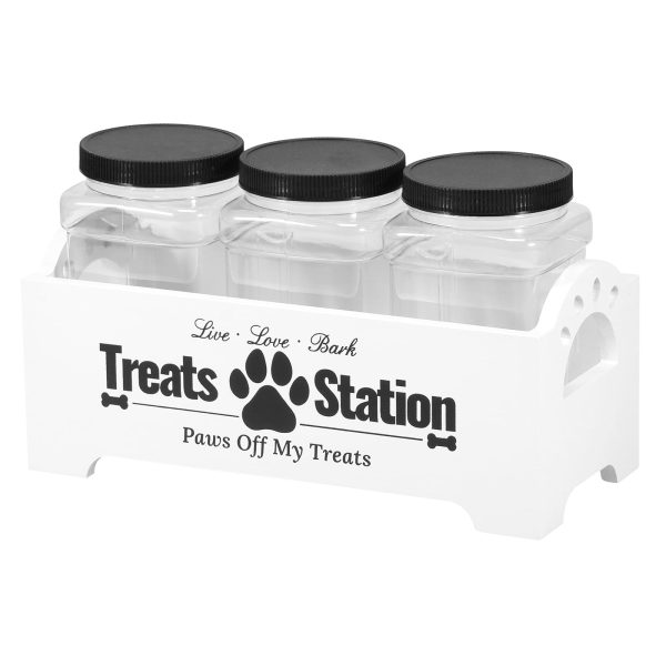 NUAHRHY Wood Dog Treat Container with 3 Plastic Dog Treat Jars Cute Dog Food Container Reusable Cat Food Container Decorative Dog Treat Holder for Dog and Cat