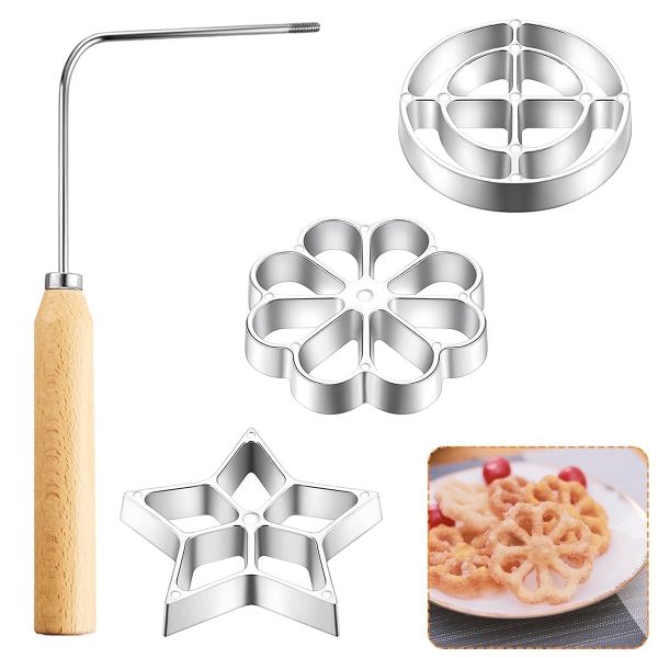4Pack Metal Waffle Mould Set with Wooden Handle Durable Rosette Cookie Bunuelos Tool Star Flower Circle Waffle Egg Muffin Maker Kitchen Accessories for Baking Cooking Handle 9.65 x 4.72in