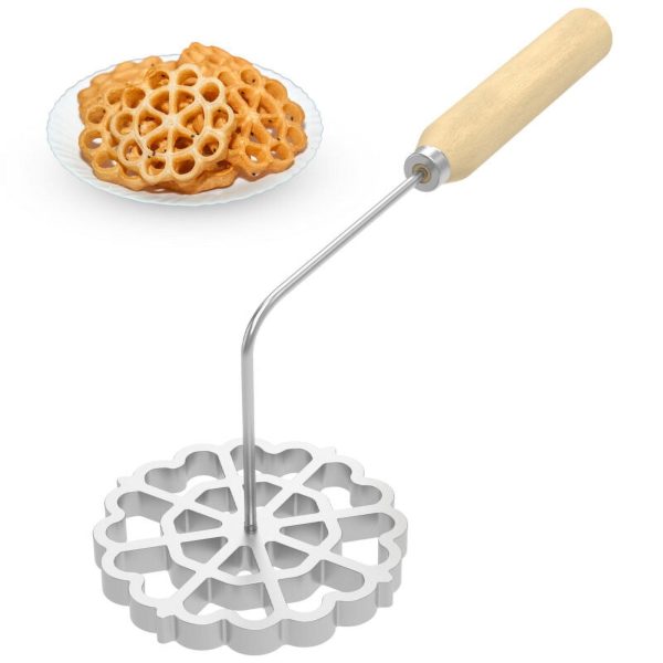 4.8*0.47in Bunuelos Mold Aluminum Bunuelos Cookie Maker Mold with Wooden Handle Detachable Rosette Maker Rosette Cookie Tool Achappam Mold for Kitchen Baking Cooking
