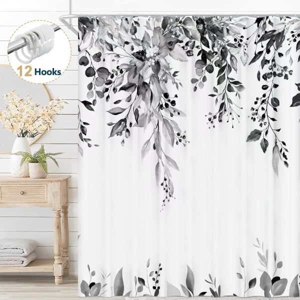 Dznils Black Eucalyptus Fabric Shower Curtain, Watercolor Floral Pattern with Hooks, 72" x 72"