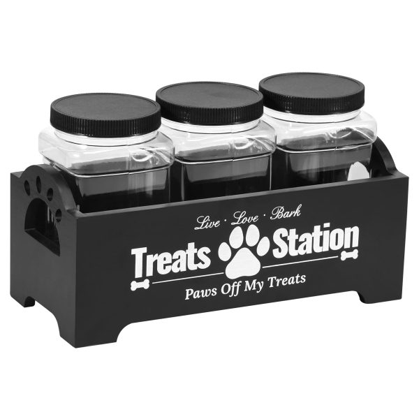 NUAHRHY Wood Dog Treat Container with 3 Plastic Dog Treat Jars Cute Dog Food Container Reusable Cat Food Container Decorative Dog Treat Holder for Dog and Cat