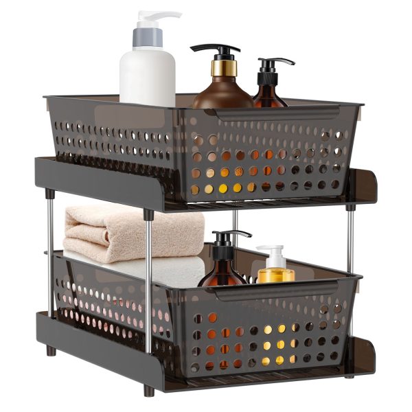Dznils 2-Tier Under Sink Organizer and Storage, Pull Out Stackable Bathroom Cabinet Organizers Black