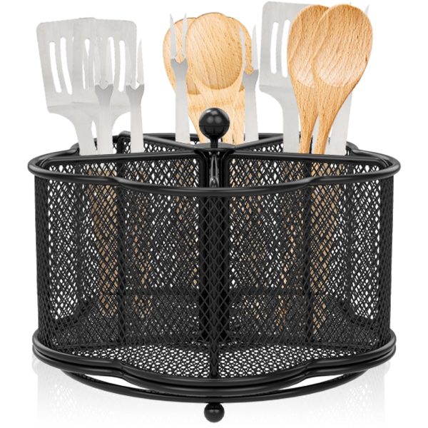 360 Rotating Metal Utensil Caddy - 5 Compartment Silverware Cutlery Holder Rotation Fork Spoon Napkin Organizer Flatware Storage Basket Party Countertop Buffet Picnic Camping Outdoor Black
