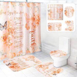 Dznils Orange Floral Shower Curtain Sets with Rugs, 16pc Butterfly Bathroom Curtain Set, 72" x 72"