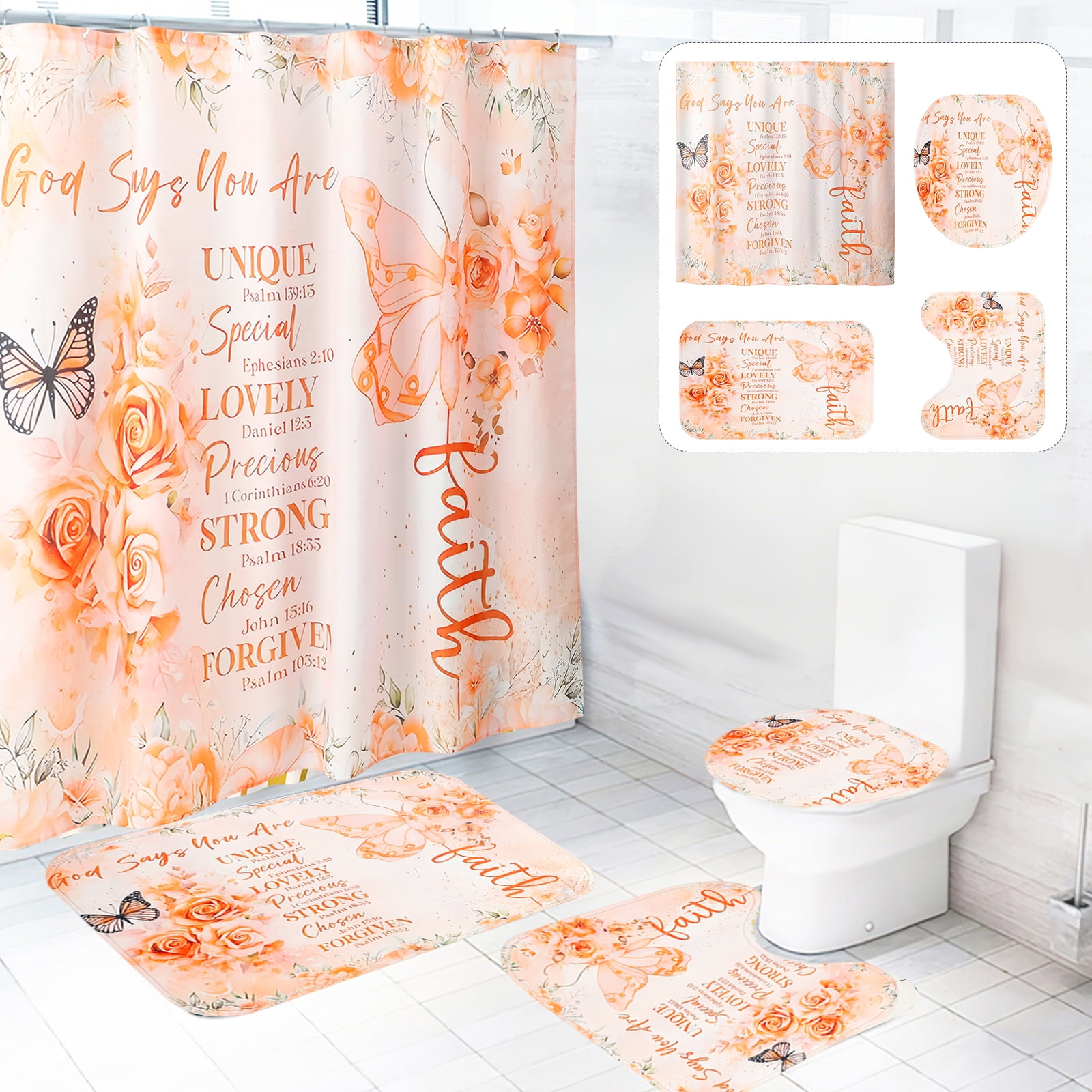 Dznils Orange Floral Shower Curtain Sets with Rugs, 16pc Butterfly Bathroom Curtain Set, 72" x 72"