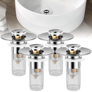 AEVXKHI 4PCS Pop Up Sink Drain Strainer 304 Stainless Steel Bathroom Plug Strainer with Filter Basket Brass Core Sink Drain Stopper Anti Clogging Basin Sink Drain Filter for 0.94-1.4 Inch Sink Hole