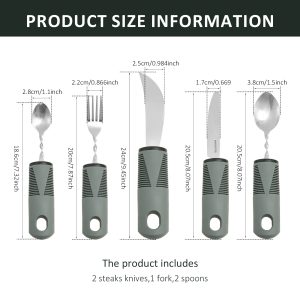 AEVXKH 5PCS Adaptive Utensils Set Stainless Steel Bendable Cutlery Set Anti Shake Adaptive Cutlery Tools with Rubber Handle for Adults Gray PP