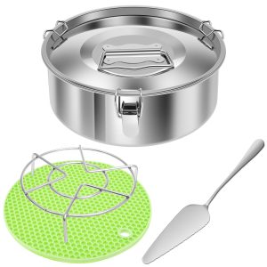 Ihvewuo 7.5in Flan Mold with Lid 6QT to 8QT 304 Stainless Steel Flan Pan with Spatula Steam Rack Silicone Heat Pad Practical Baking Supplies for Cake Cheesecake Dessert
