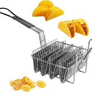 Ihvewuo taco fryer rack Taco Fryer Basket 4 Shells Taco Shell Fry Basket Stainless Steel Taco Shell Fryer Dishwasher Safe Tortilla Fry Basket with Detachable Rubber Grip Handle for Home Restaurant