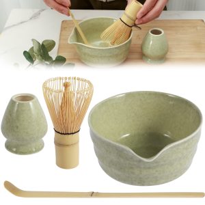 4pcs Matcha Whisk Set Elegant Matcha Tea Set Reusable Matcha Making Kit with Ceramic Matcha Bowl Matcha Whisk Holder Bamboo Matcha Whisk and Bamboo Scoop 500ml Mottled Matcha Bowl