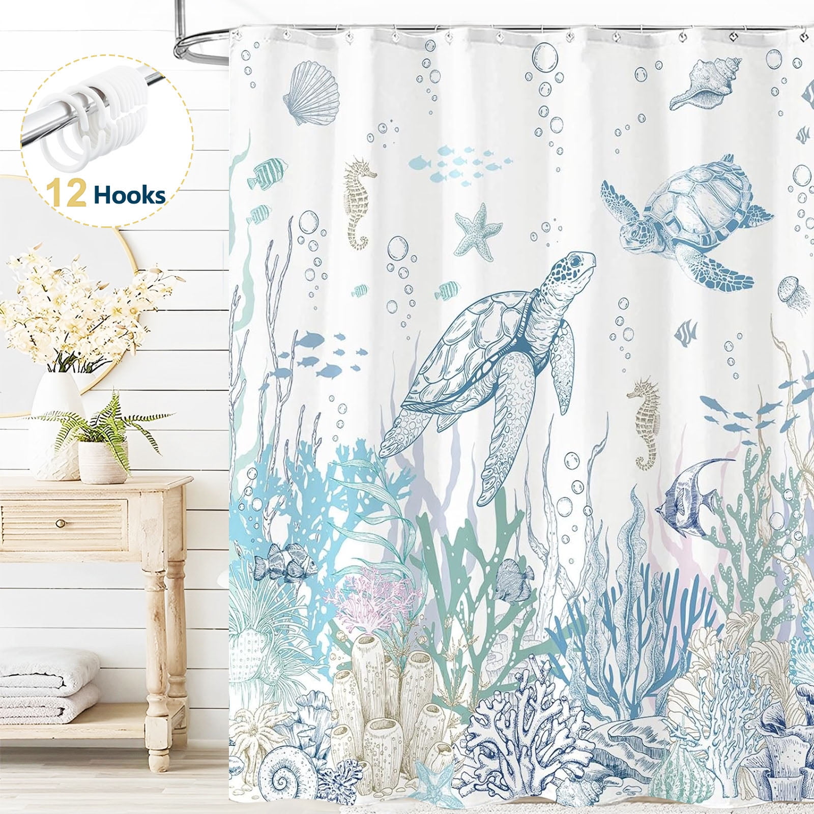 Dznils Nautical Coastal Shower Curtain with Hooks, Blue Turtle Fabric Bathroom Curtain, 72" x 72"