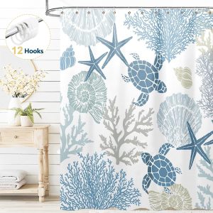 Dznils Nautical Coastal Shower Curtain with Hooks, Blue Turtle Fabric Bathroom Curtain, 72" x 72"