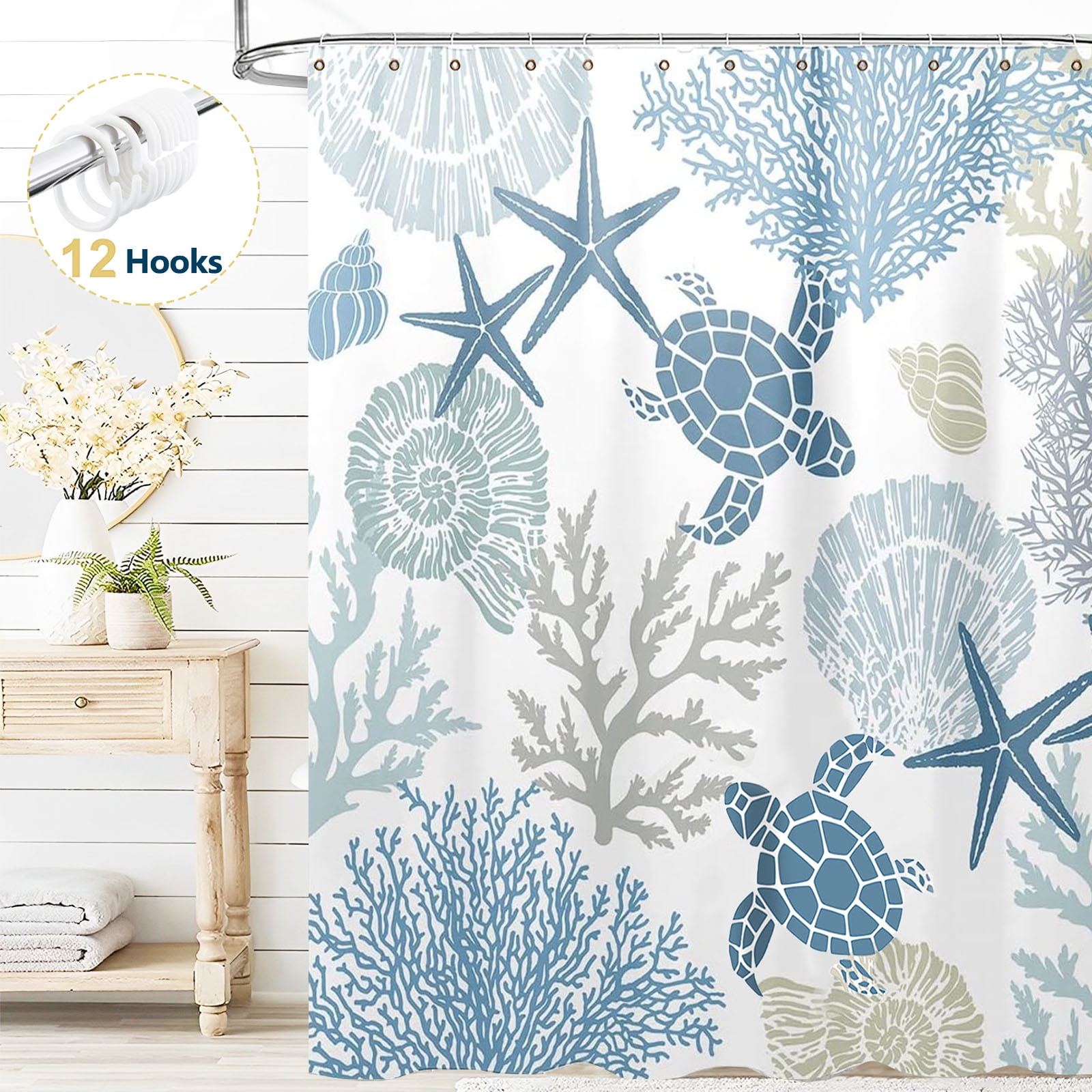 Dznils Nautical Coastal Shower Curtain with Hooks, Blue Turtle Fabric Bathroom Curtain, 72" x 72"