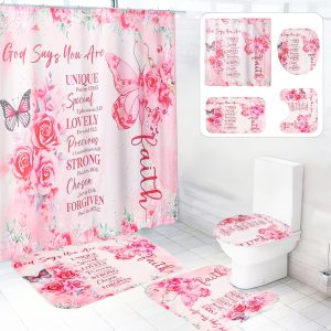 Dznils Pink Floral Shower Curtain Sets with Rugs, 16pc Butterfly Bathroom Curtain Set, 72" x 72"
