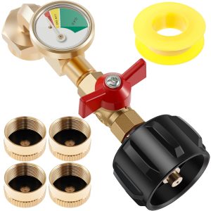 Qenwkxz Propane Refill Adapter with Gauge and Control Valve 90 Degrees Elbow Solid Brass Propane Tank Adapter Reusable Propane Refill Adapter for Filling 1 lb Bottle