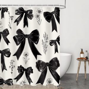 Dznils Black Bow Shower Curtain with Hooks, Modern Aesthetic Fabric Bathroom Curtain, 72" x 72"