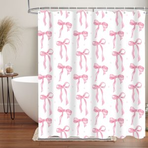 Dznils Pink Bow Shower Curtain with Hooks, Modern Aesthetic Fabric Bathroom Curtain, 72" x 72"