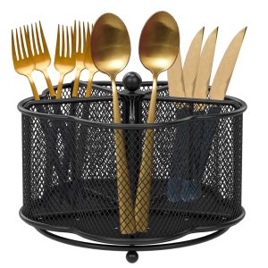 Ihvewuo 360?? Rotating Utensil Caddy Metal Flatware Organizer with 5 Compartment Silverware Cutlery Holder Kitchen Flatware Storage Basket Countertop Utensil Holder