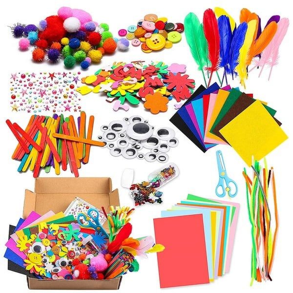 Keyohome 1000Pcs DIY Art Craft Kit for Kids Creative Crystal Sticker Felt Wiggle Googly Colorful Wooden Sticks Party Supplies,1 Set