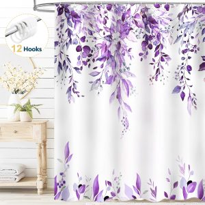 Dznils Purple Eucalyptus Fabric Shower Curtain, Watercolor Floral Pattern with Hooks, 72" x 72"